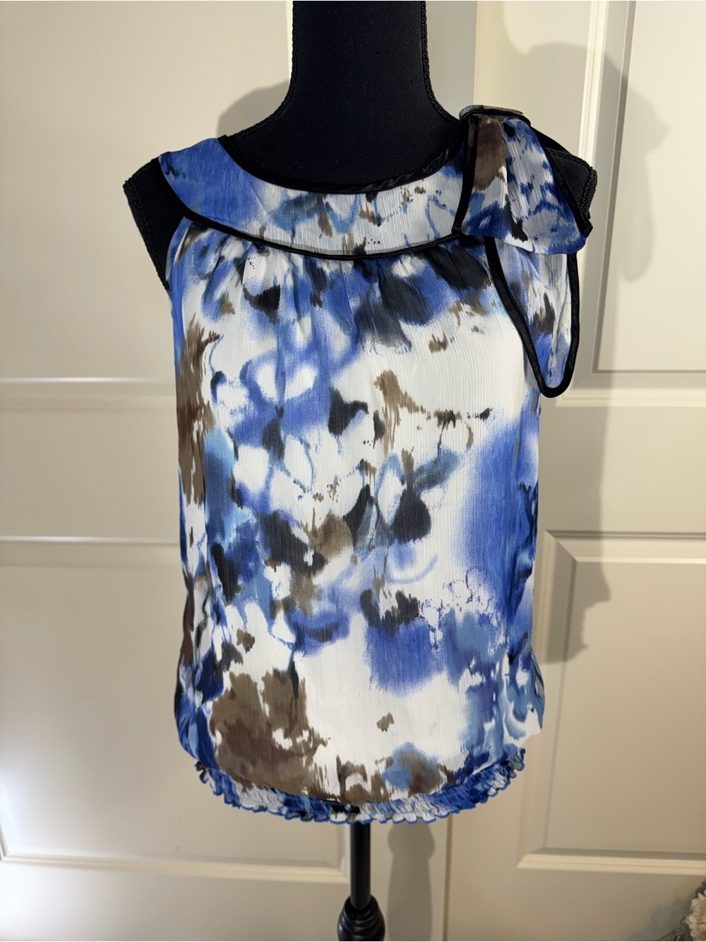 BCX Blue White Brown Watercolor Tie-Shoulder Sleeveless Top Large